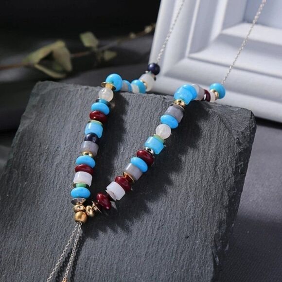 Blue Beaded Tassel Fringe Lariat Long Vintage Silver Pendant Statement Necklace - Picture 4 of 8